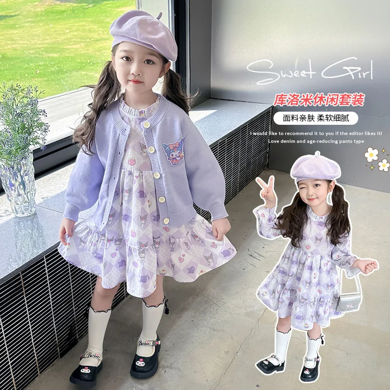 Girls Kuromi Cardigan Skirt Cartoon Sanrios Children Preppy Suit Cute Korean Style Jacket Dress Spring Autumn Children Clothes