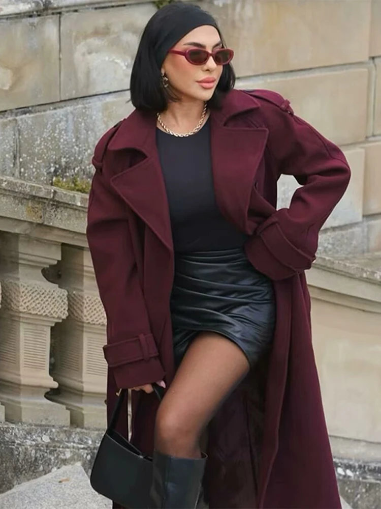 Street Women\'s Burgundy Woolen Overcoat With Belt Vintage Lapel Double Breasted Long Coat 2024 Autumn Winter Lady Chic Outwear