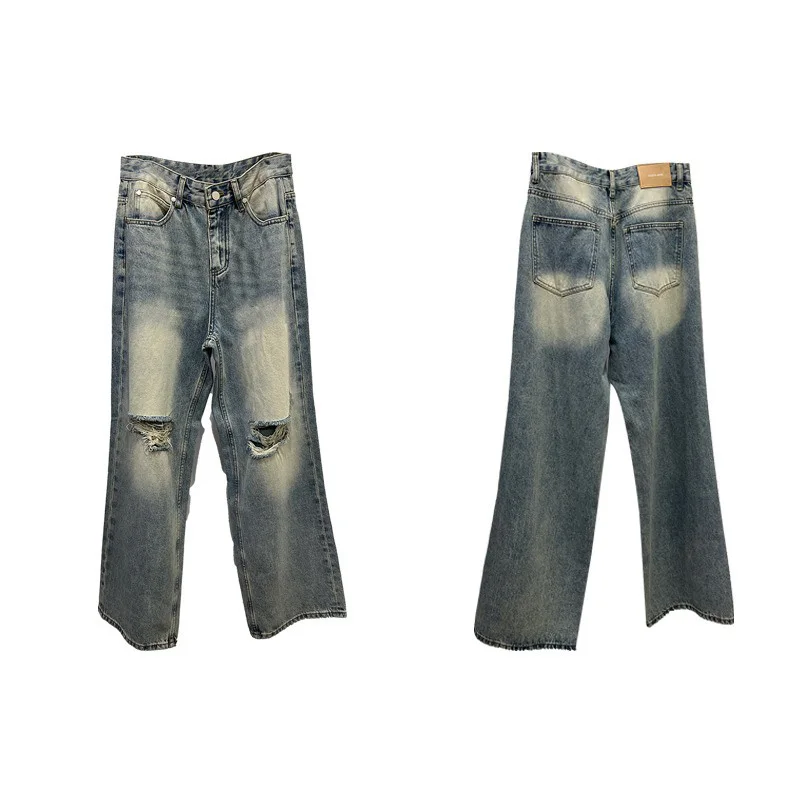 Benuynffy Light Blue Ripped Straight Leg Jeans for Women 2026 Summer New Vintage Bf Style High Waisted Distressed Wide Leg Pants