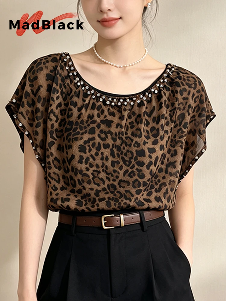 MadBlack-Women European Shirt, Sexy O Neck Leopard Beading, Hotsweet Short Sleeve Loose Chiffon Blouse, 2026 Summer New T66834CC
