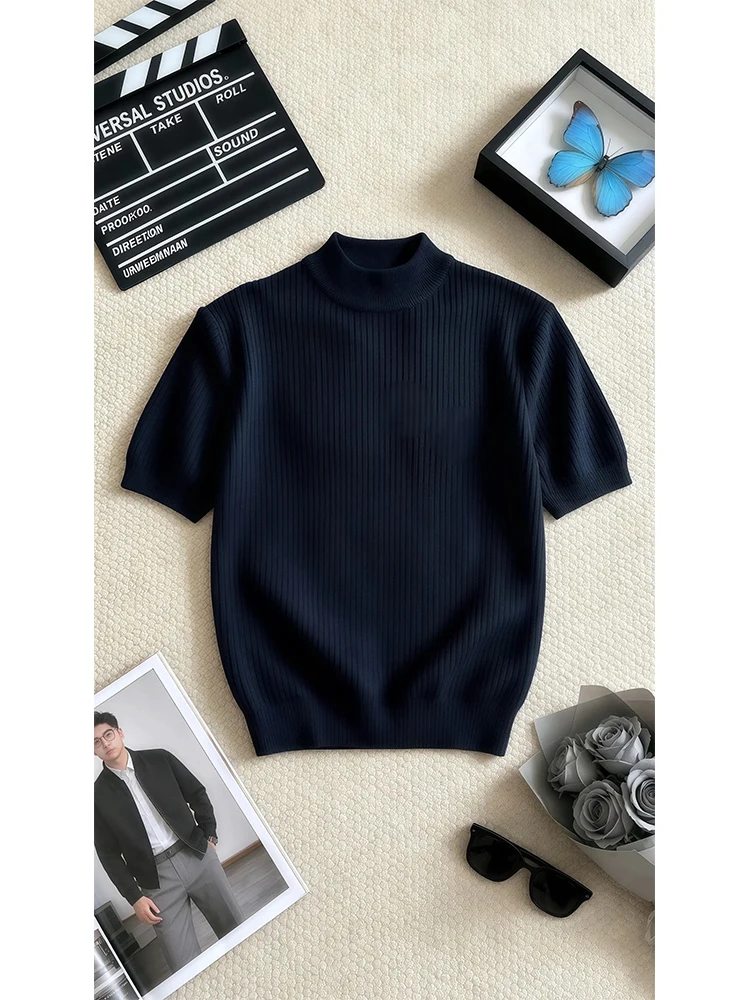 Advanced Men's Knitted Short Sleeve T-Shirt Black Heavyweight Cuff Shoulder Fit Summer Fashion Casual Low Waist American Style