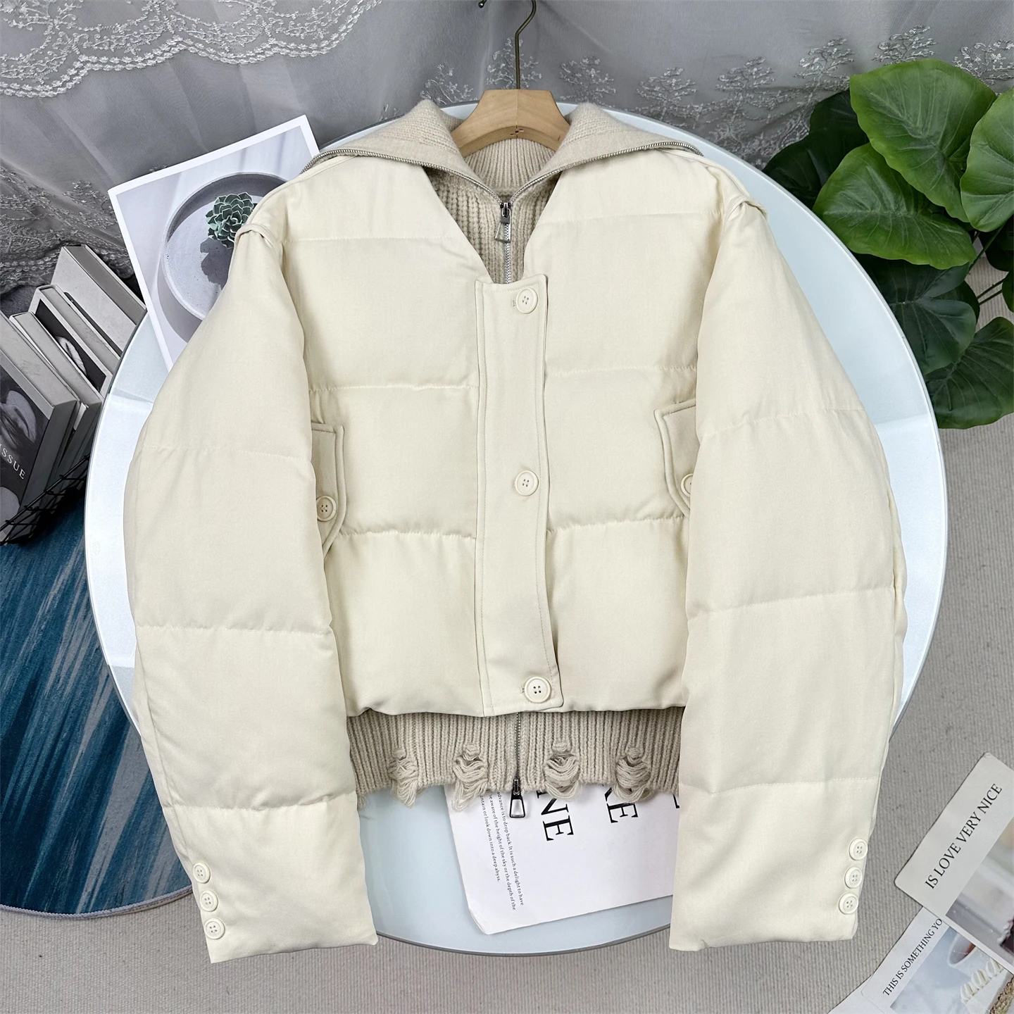 

Warmth Women's 90 down Filled Knitted Jacket Vest Two-Piece Set Fashionable Outerwear Coat Thick Long Sleeve Short Style