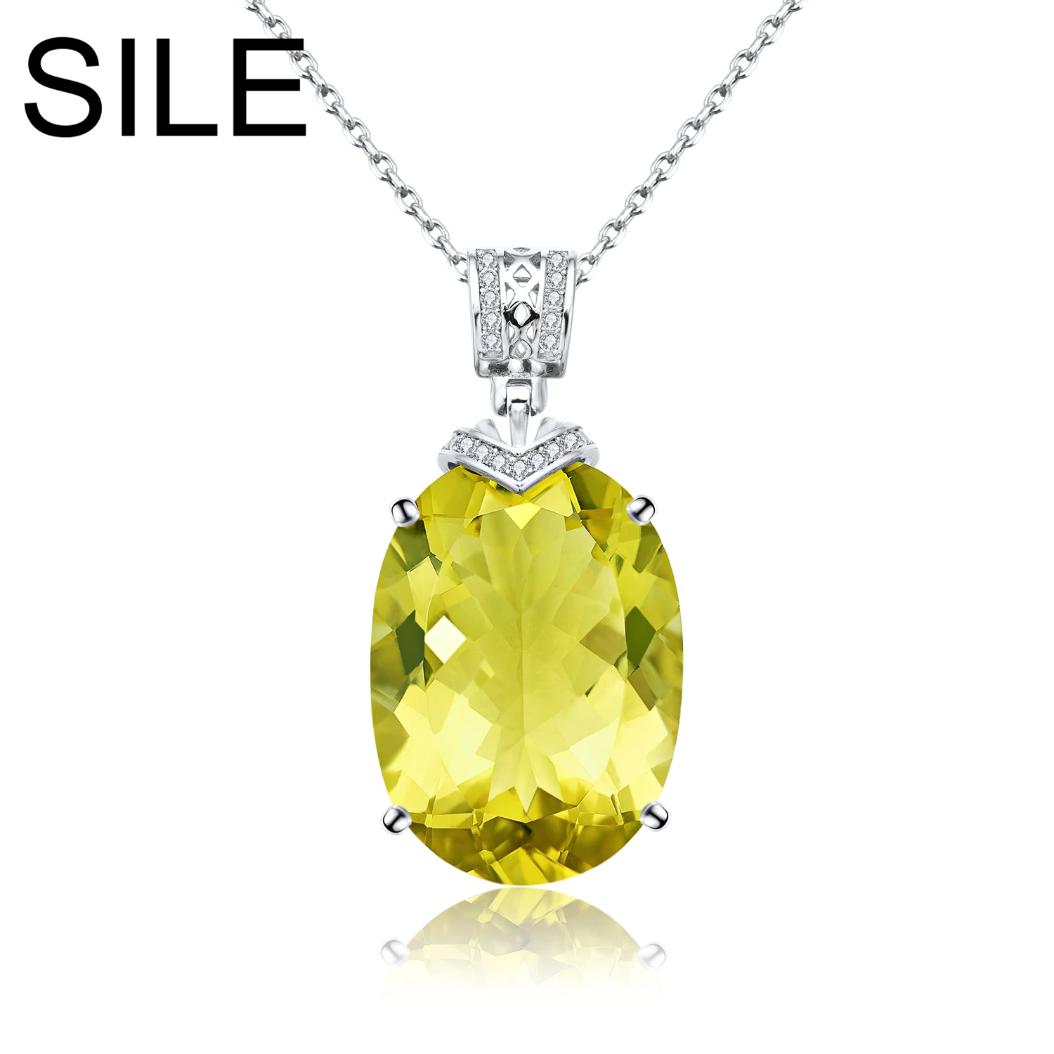 SILE Fine Jewelry Women's 925 Sterling Silver Natural 21.85Ct Lemon Quartz Gemstone Pendant Necklaces Party Dating Wedding Jewel