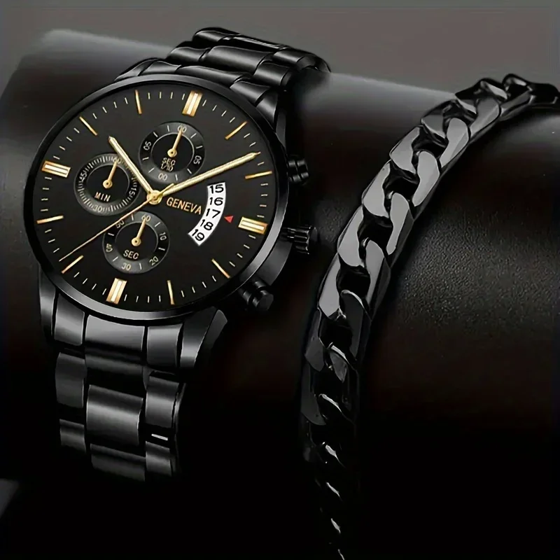 1pc Stylish Stainless Steel Men's Quartz Watch and Bracelet Set - Perfect for Any Occasion