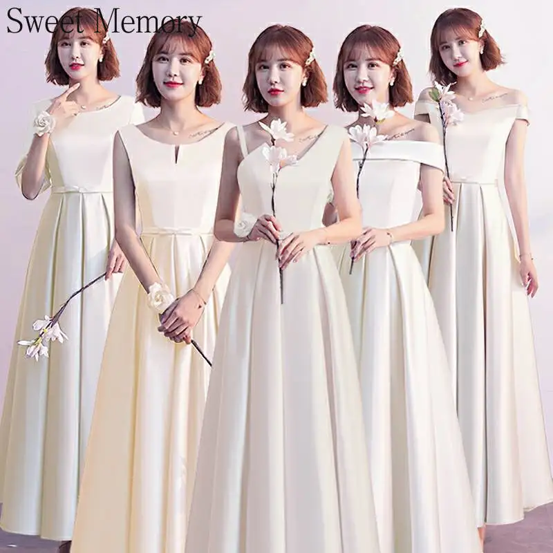 A2369 Long Champagne Bridesmaid Dress Satin Prom Gowns Girl Formal Wedding Party Robe Lace Up  Women Gray Pink Dresses