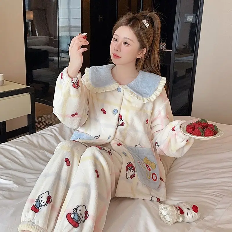 

Модные мягкие повседневные пижамы в стиле принцессы «Hello Kitty», коралловые бархатные пижамы, зимние милые утепленные фланелевые комплекты домашней одежды для девочек