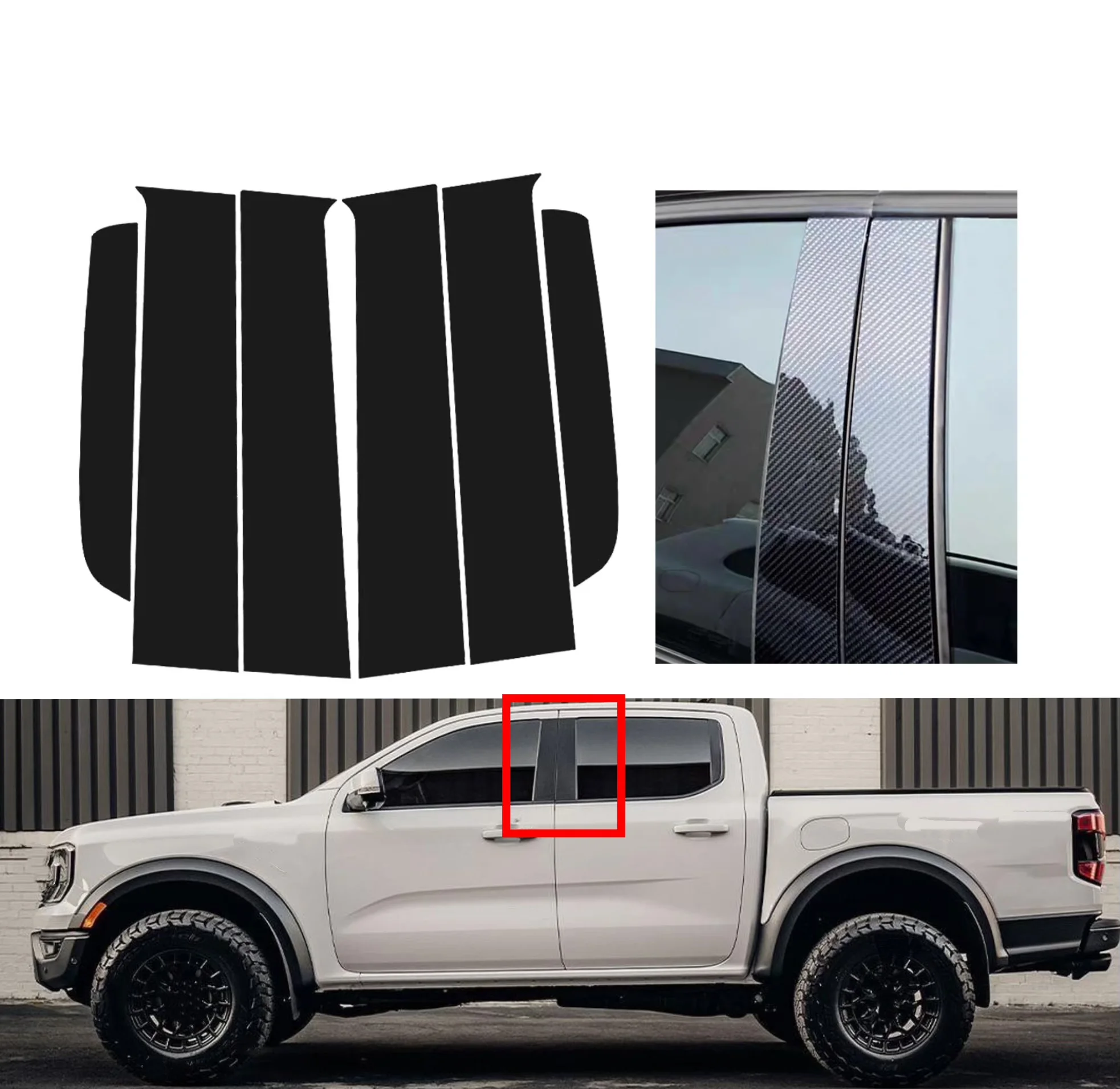 

6pcs Glossy Black Pillar Post Carbon Fiber For Ford Ranger 2023-2024 Window Door Deal B CCover Sticker