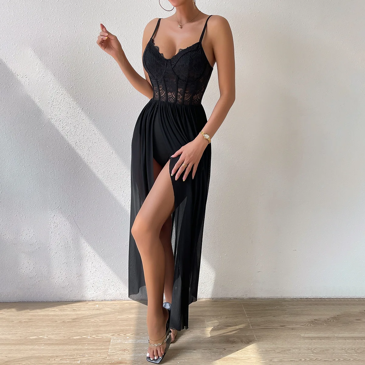 

Sheer Sleeveless High Slit Dresses Women's Pleated Party Halter Long Dress New Fashion Summer Spaghetti Strap Dress Basic Skirt