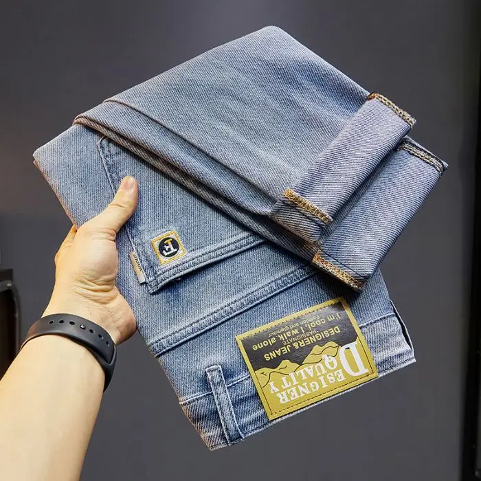 Pantalones vaqueros informales de moda bordados para hombre, pantalón ajustado gris carbón, venta al por mayor, otoño e invierno, novedad