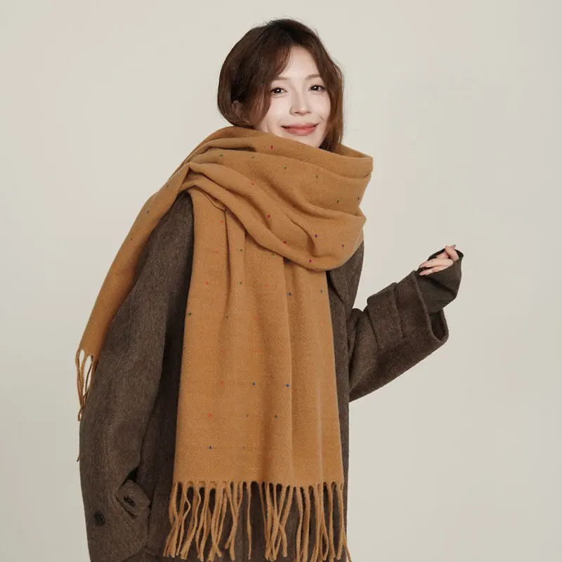 

Korean Style Maillard Scarf with Heart Design Winter Warm Polk Dot Scarf Wrap Versatile Shawl for Women Teens Brown Gradient