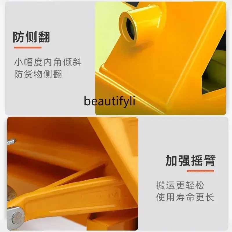 Un carrello elevatore manuale, un camion idraulico per bovini a terra, un piccolo rimorchio a spinta manuale