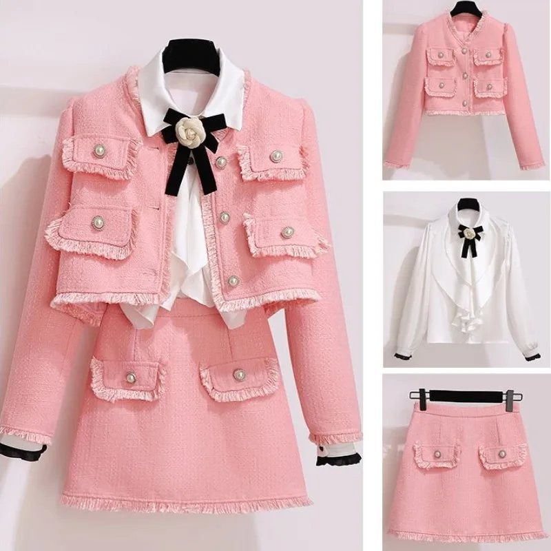 Women Jacquard Tweed Elegant Chic Suit Jacke Coat Shirt Top And Skirt Three Piece Set Outfit Female Party Pink Y2K Clothing