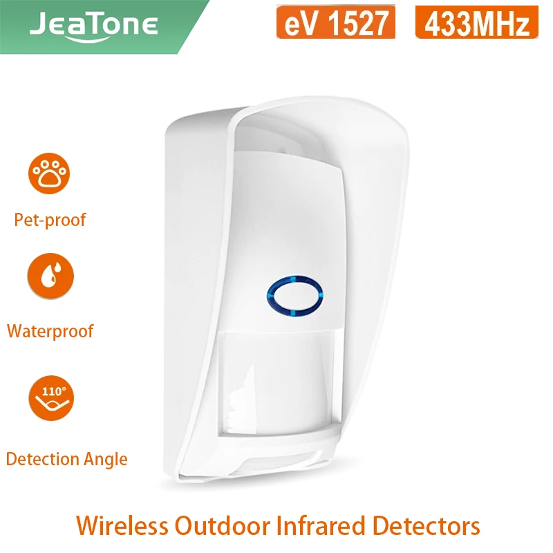 

Jeatone 433Mhz Outdoor Waterproof PIR Motion Home Security Alarm System Kits 110° Human Infrared Detector For Smart Home Burglar