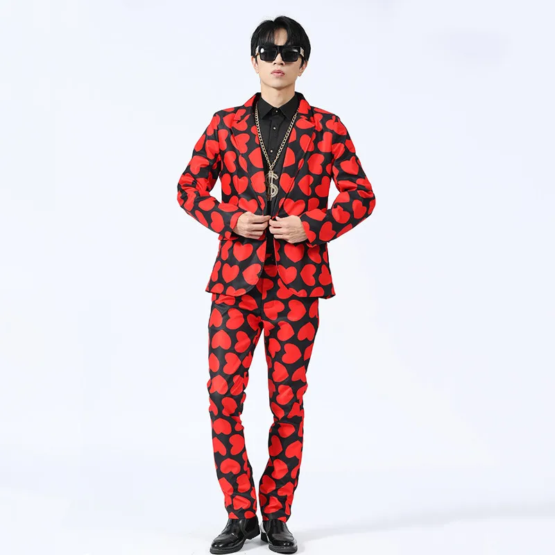 

Men's Wedding Suit Red Heart Blazers Pants 2 Pieces Set Male Singer Bar Concert Casual Suit Christmas Party Performance Costume