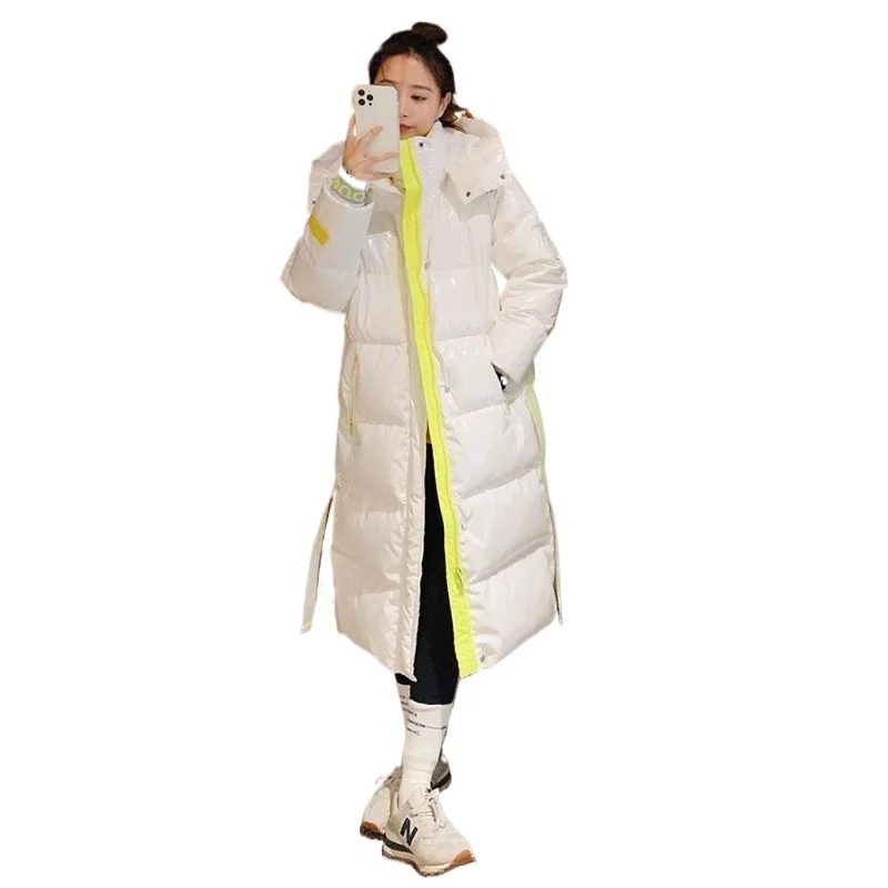Glossy Disposable Mid-length White Duck Down Jacket Women's New Over-the-knee Loose Winter Color-blocking Jacket Trendy Simple