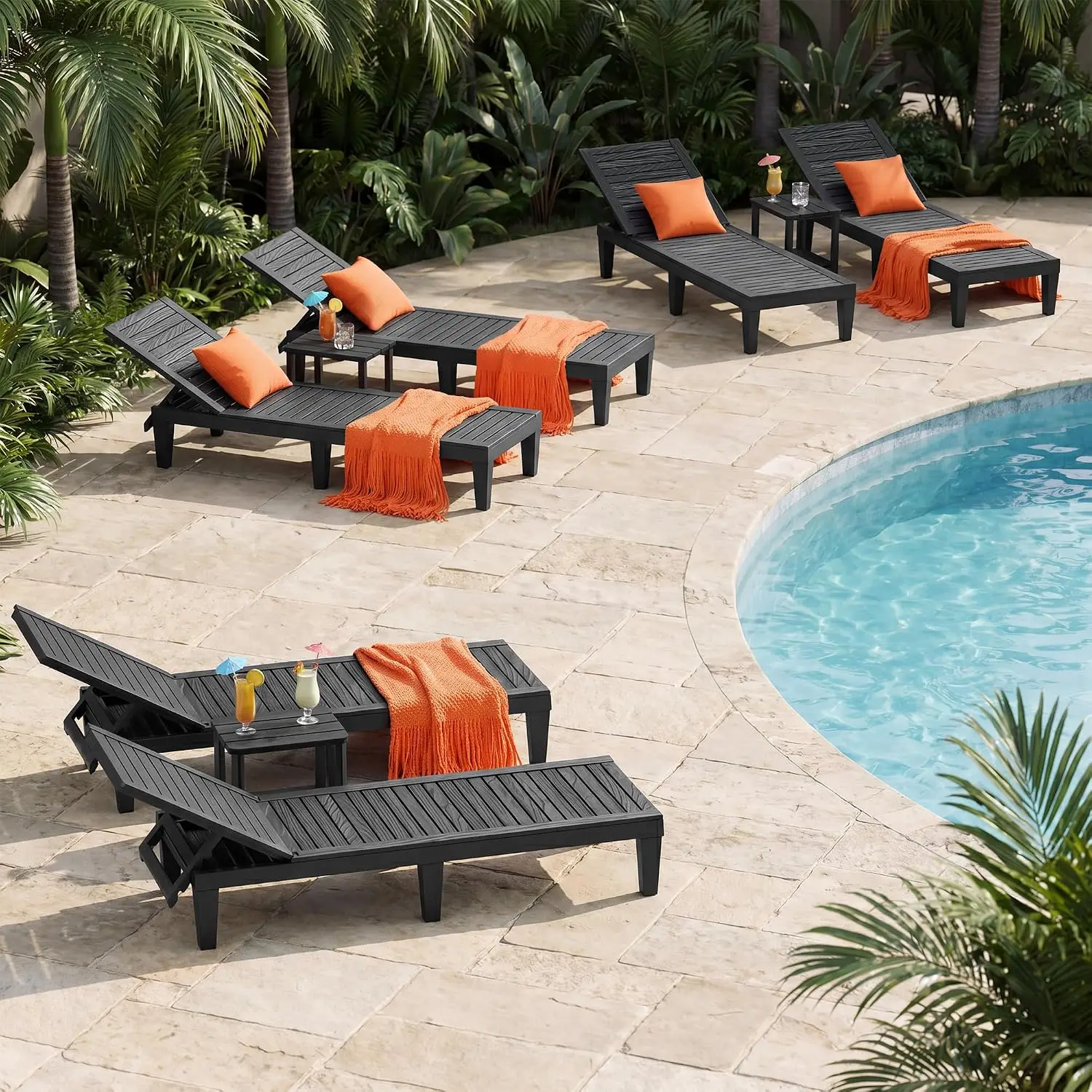 5-Position Adjustable Chaise Lounge Chair Set, HDPE Resin All-Weather Patio Garden Poolside Recliner, Black 6pcs, Customized