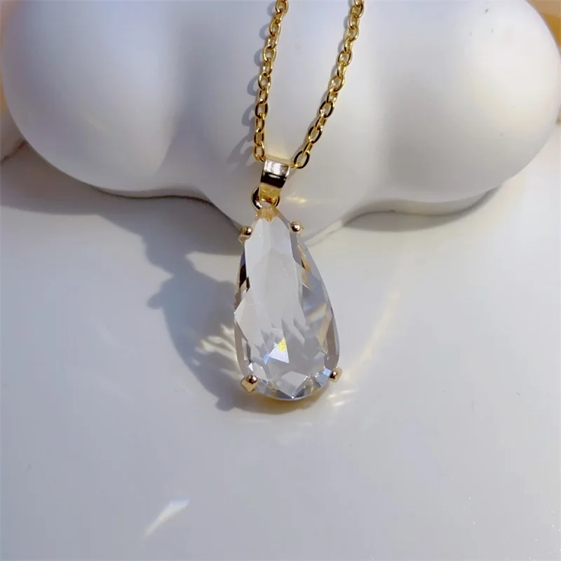 Exquisite Personality Crystal Clear Water Drop Necklace Classic Retro Texture Design Stainless Steel Clavicle Chain