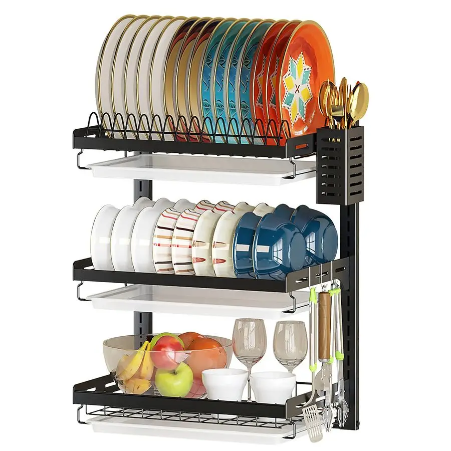 

Wall Mounted Dish Drying Rack, 3 Tier Stainless Steel Hanging Dish Drainer with Cutlery Holder, Drainboard and Hooks, Fruit Vege