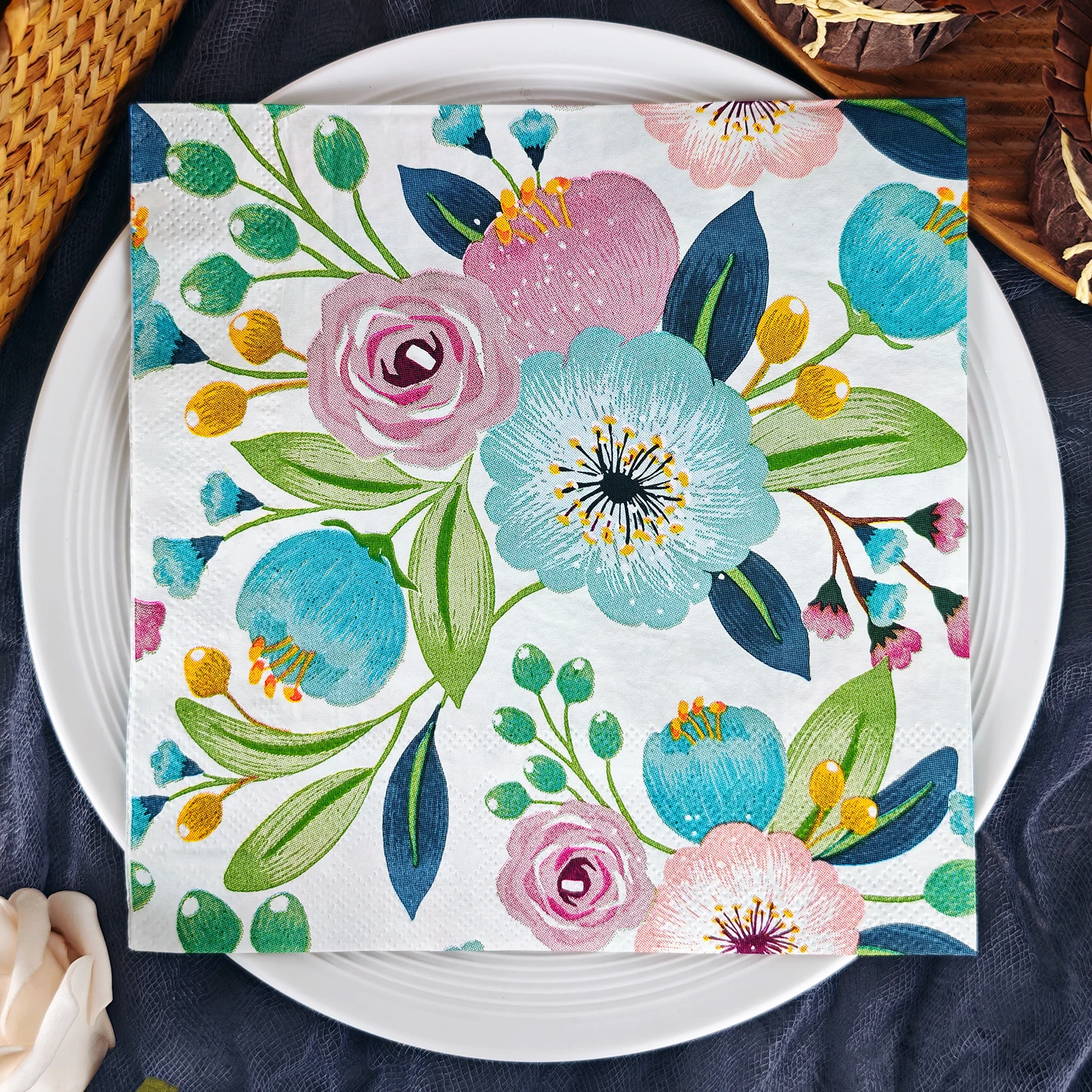 20/50Pcs Flower Printed Party Napkins Hotel Western Restaurant Table Decoration Wine Glass Flower Paper