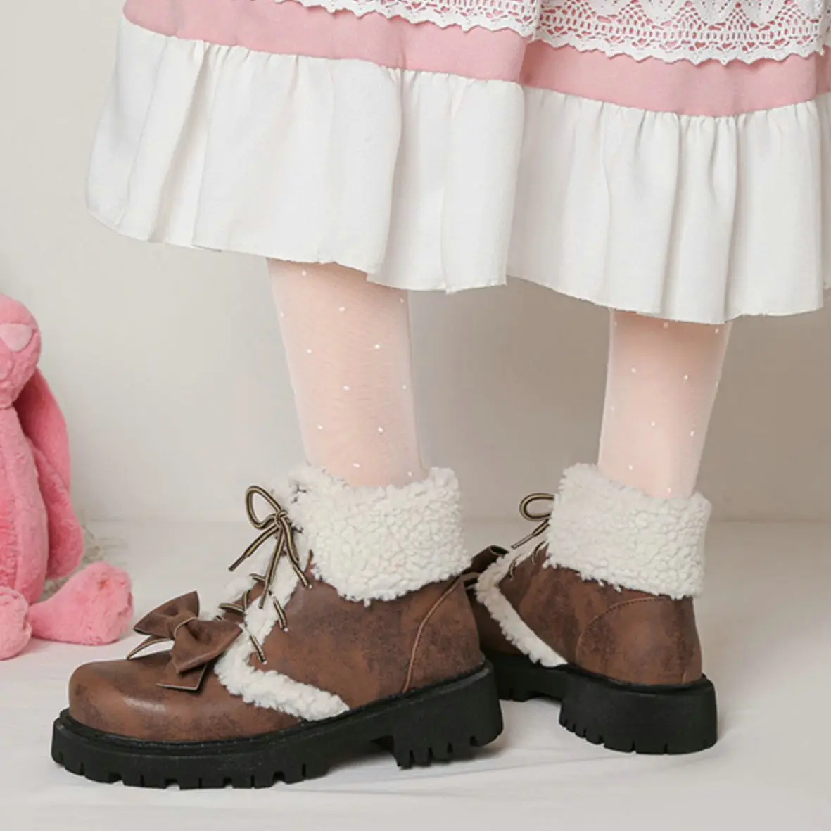 Women\'s Lolita Bowknot Short Ankle Boots, JK Uniform Street Fashion Faux Fur Motorcycle Booties Winter Platform Lace Up Shoes