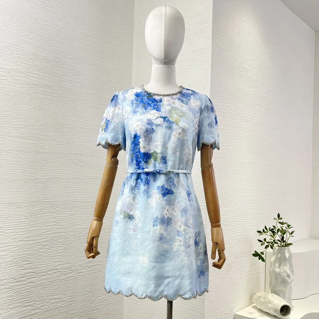 Blue Floral Print Elegant New Beach Style High Quality Linen Short Sleeve Shell Edge Diamonds Women Lady Mini Dress