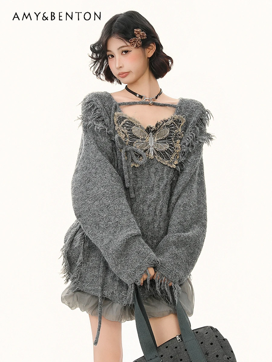 

2025 Autumn Winter New American Retro Design Butterfly Patch Khaki Sweater Women Loose Casual Gray V-neck Knitted Top