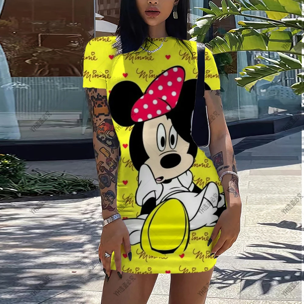 

Disney Minnie Mickey Mouse bow print Elegant Pencil Dress Womens Simple Sheath Office Dresses Summer Short sleeve Casual Vestido