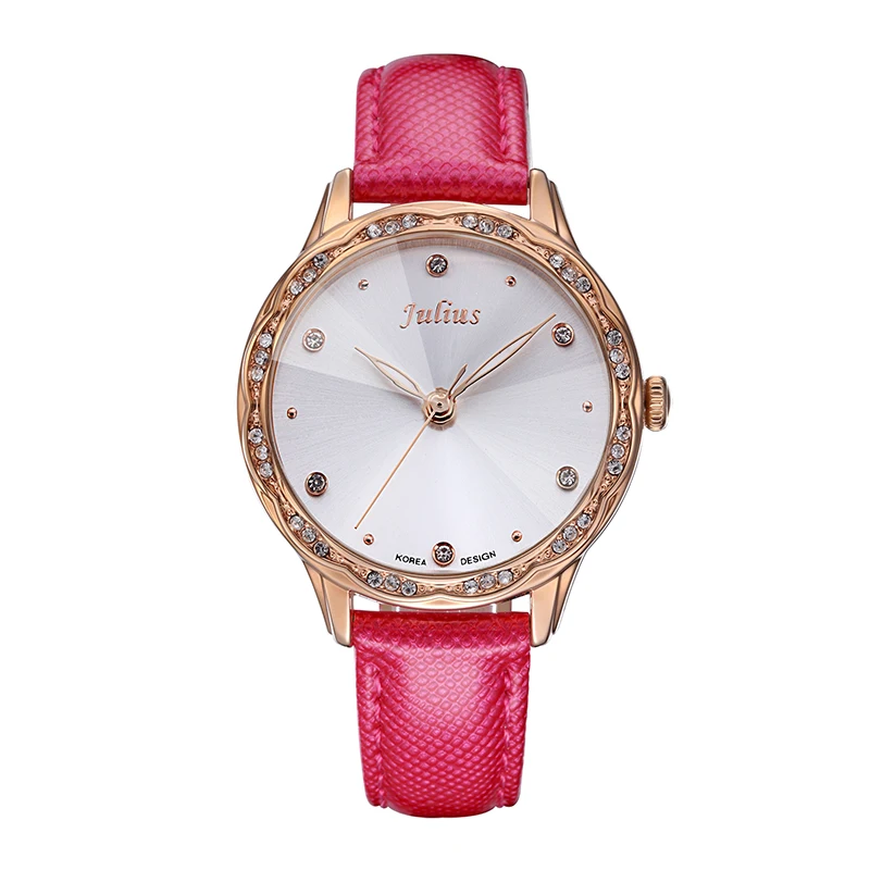 

Hot Pink Julius Lady Women's Watch Japan Quartz Rhinestones Elegant Fashion Hours Real Leather Girl's Gift No Box