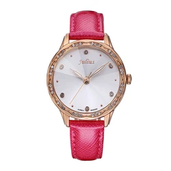 Hot Pink Julius Lady Women's Watch Japan Quartz Rhinestones Elegant Fashion Hours Real Leather Girl's Gift No Box