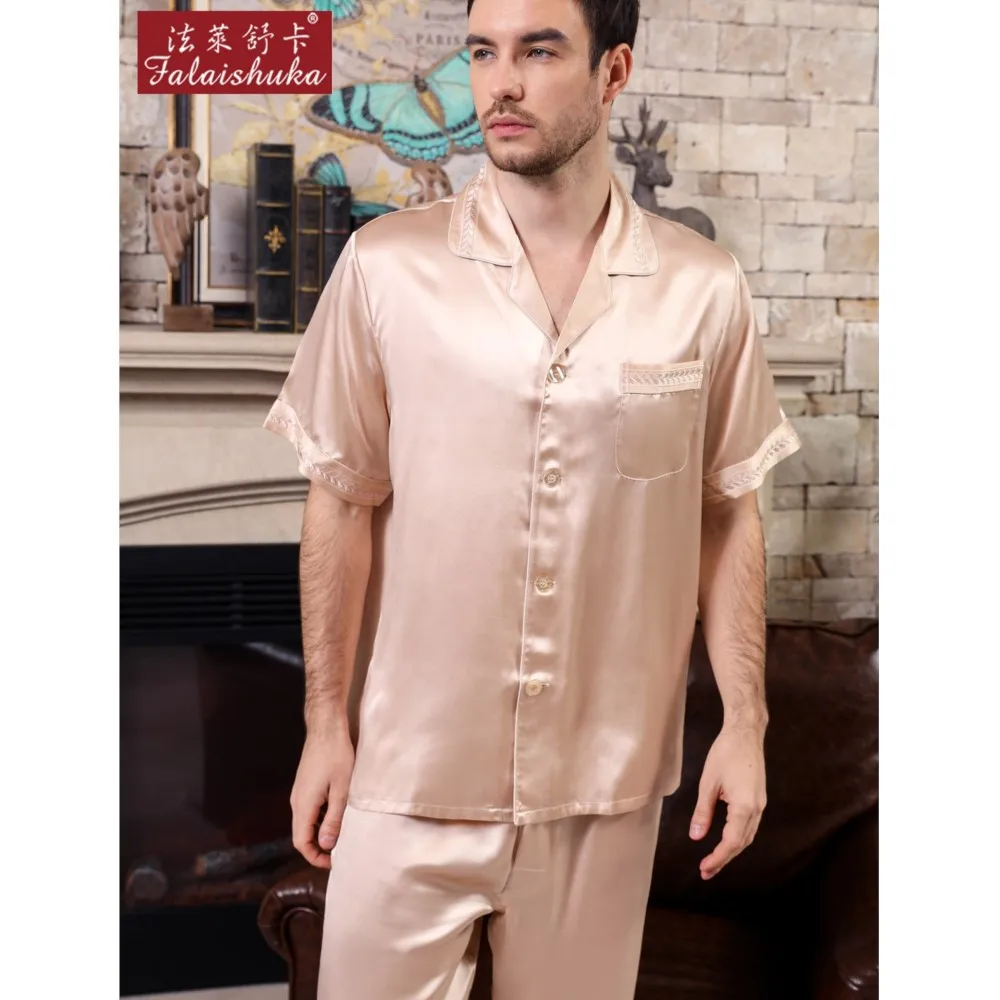 19 momme 100% silk pajamas sets mens noble 100% mulberry silk short sleeve pyjamas for male natural silk homewear T9033