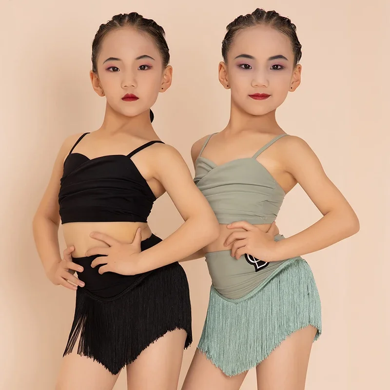

Summer Kids Latin Dance Clothing Girls Practice Wear Black Vest Fringe Skirt Cha Cha Samba Dance Dresses Tassel Costume BL10563