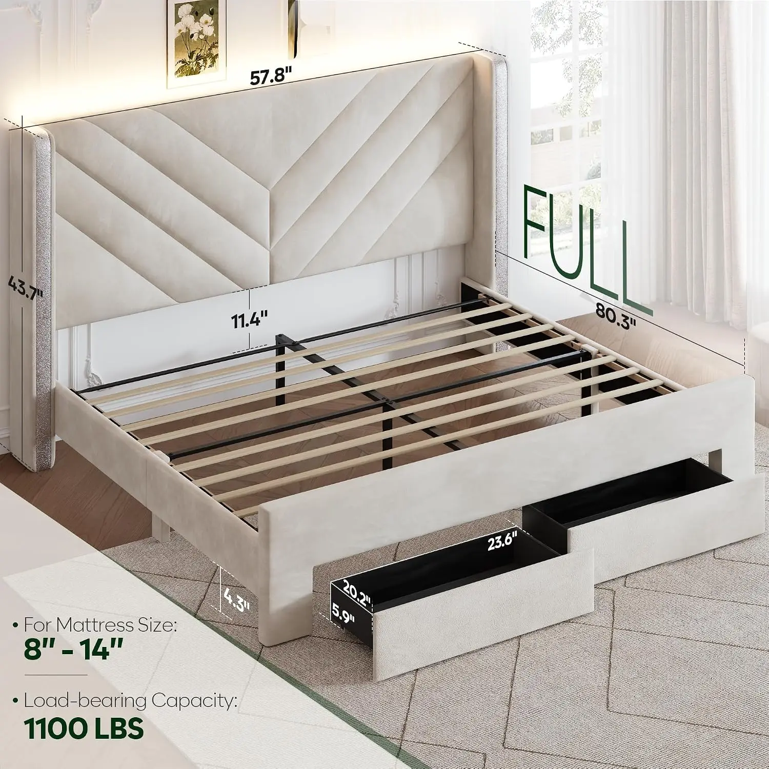 Full Size Bed Frame with Headboard and Storage Drawers Velvet Upholstered Bedframe with Wingback Headboard Platform, Customized
