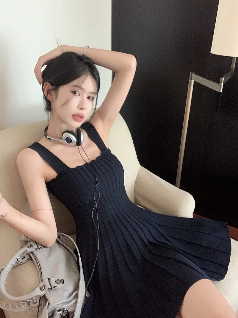 Knitted Dress Summer New Women Elegant Solid Slim Sleeveless Backless A-Line Mini Dress Female Fashion Casual