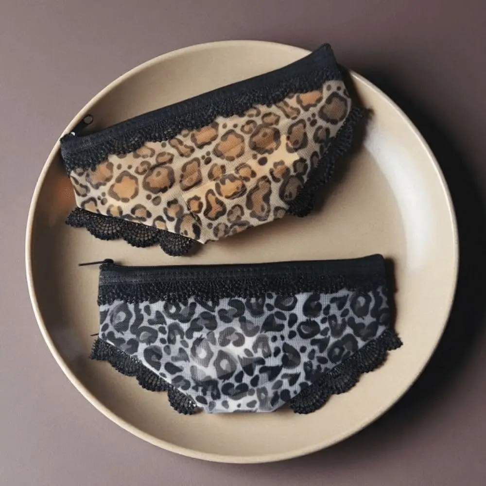 Leopard Print Panties Shaped Makeup Pouch Zippered Portable Mesh Cosmetic Bag Lightweight Lace Trimmed Storage Pouch Daily Use