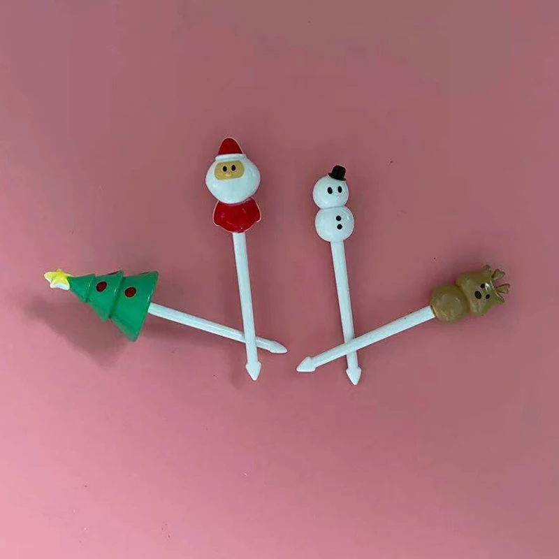 Juego de tenedor de fruta de dibujos animados creativos de Navidad, tenedor pequeño de plástico, boca dulce, lindo, portátil, palillo de dientes de fruta, tenedores para pastel, 4 piezas