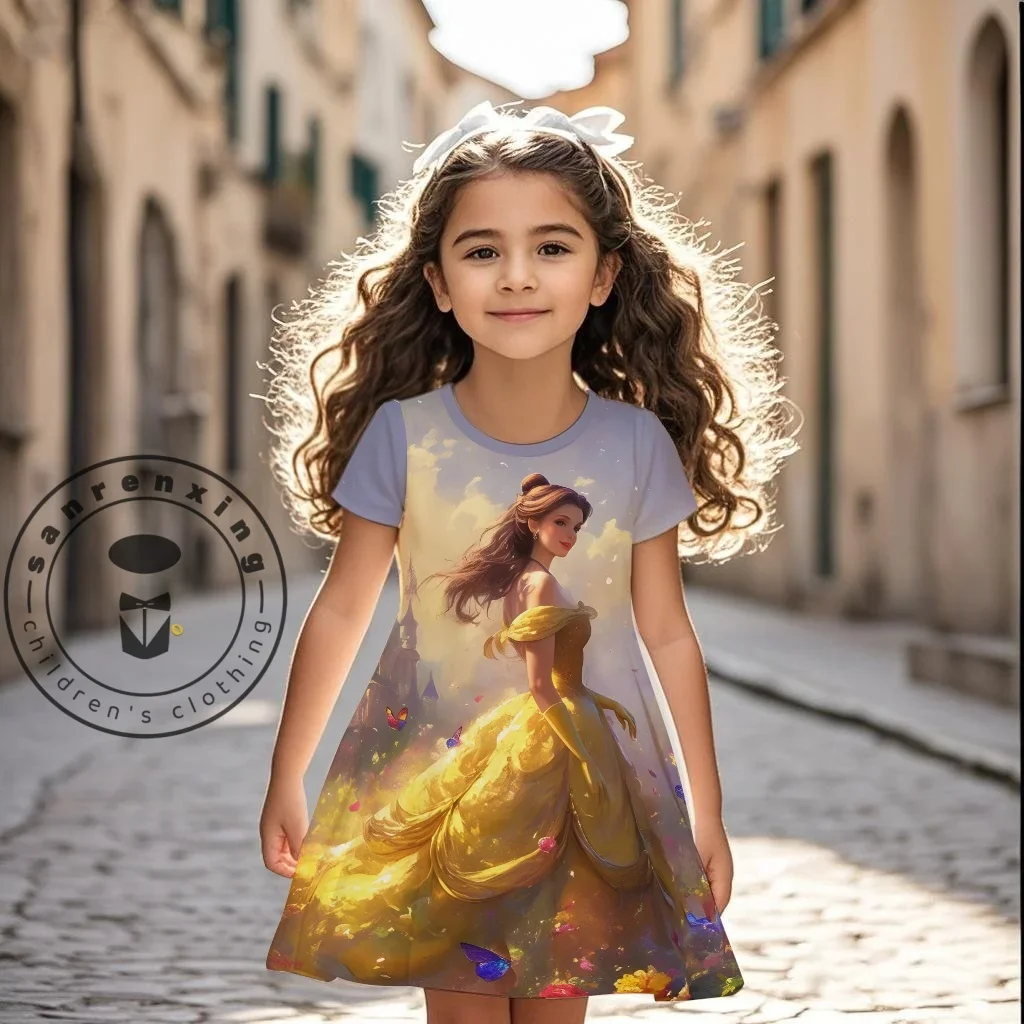 

MINISO новое летнее платье для девочек, модное милое платье принцессы Диснея с 3D принтом, детская одежда принцессы с короткими рукавами