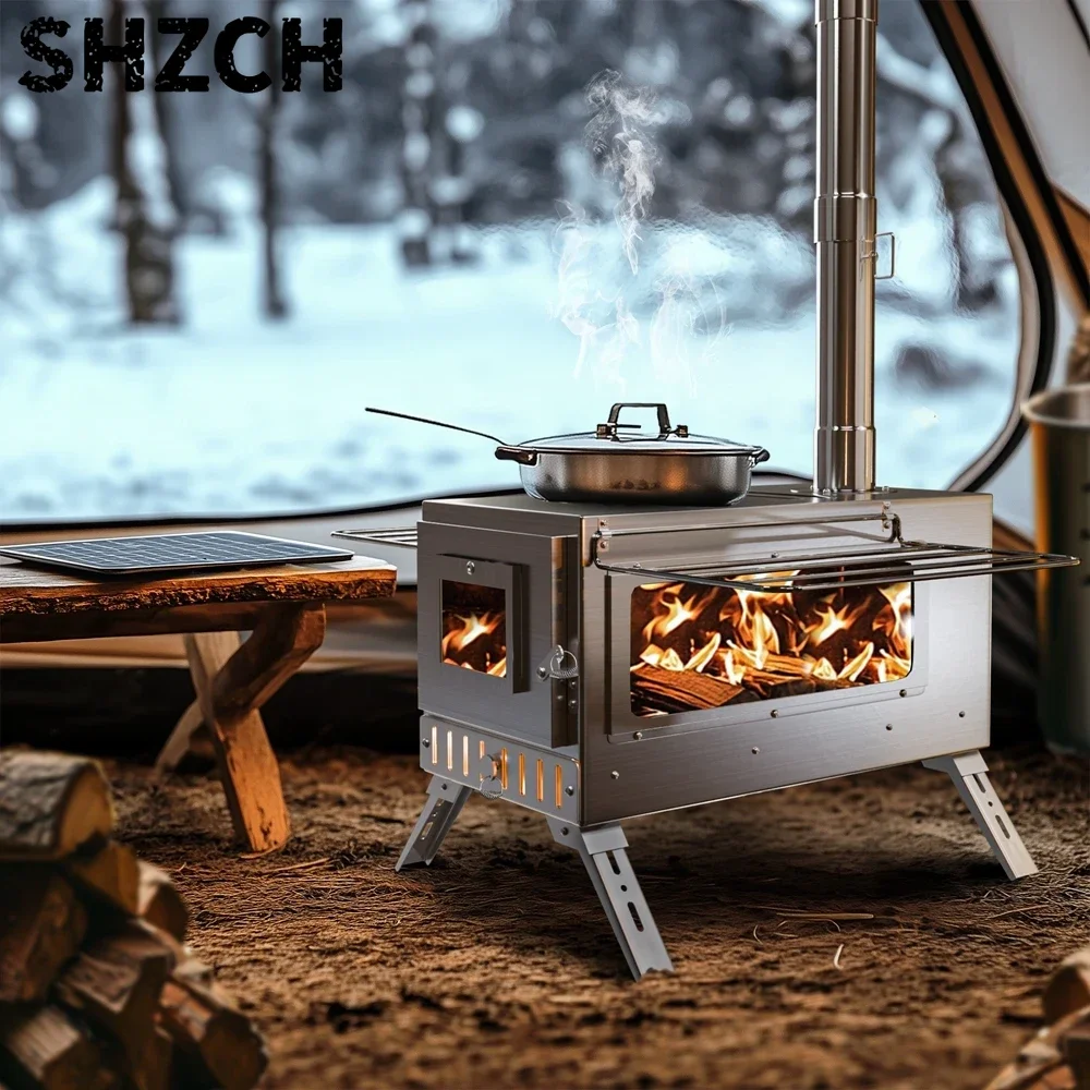 Portable Wood Burning Stove Stainless Steel Outdoor Cooking Heater Log Burner with 7 Chimney Pipes