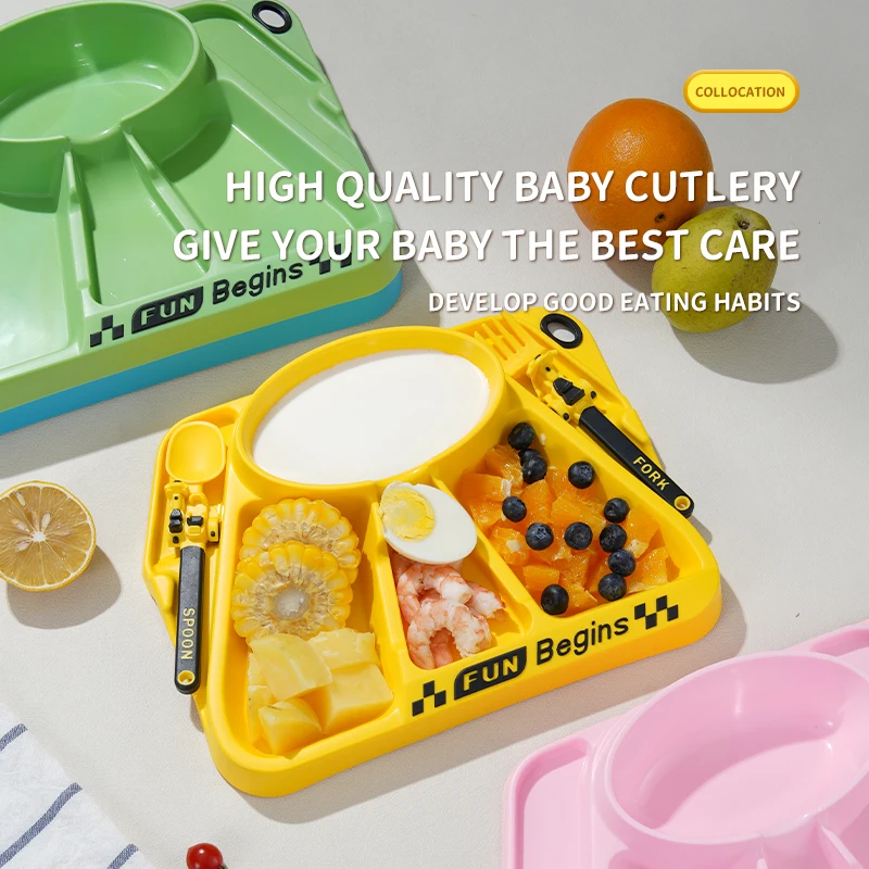 Juego de vajilla para bebé, cuchara, tenedor, plato de cena, versión de carreras para niños, vajilla de alimentación, diseño de