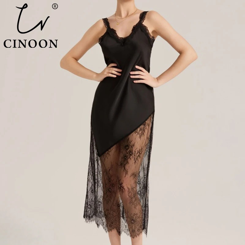CINOON المرأة الساتان ثوب النوم الدانتيل لوحات مثير أنيقة الفرنسية شفافة ماكسي الملابس الداخلية الخامس الرقبة الجوف خارج فستان النوم الناعم