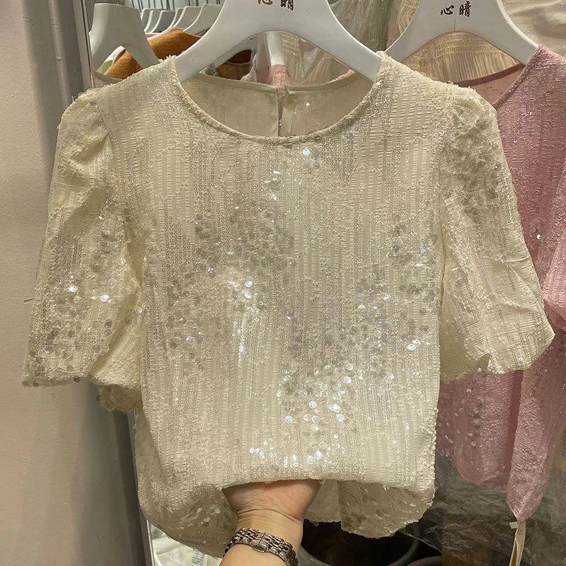 Elegant Women Blue Shirts Tops Sequins Hollow Out 2023 Office Lady Chic New OL All Match Sweet Summer Casual Blouses Puff Sleeve