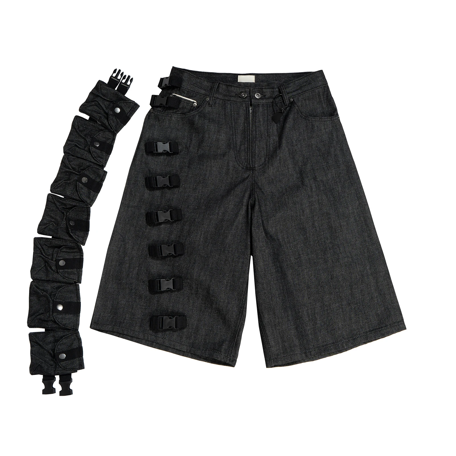 Vintage Men's Black Denim Cargo Shorts Side Strap Buckle Pockets Pleated Wide Leg Streetwear Knee-Length Casual Jeans Short