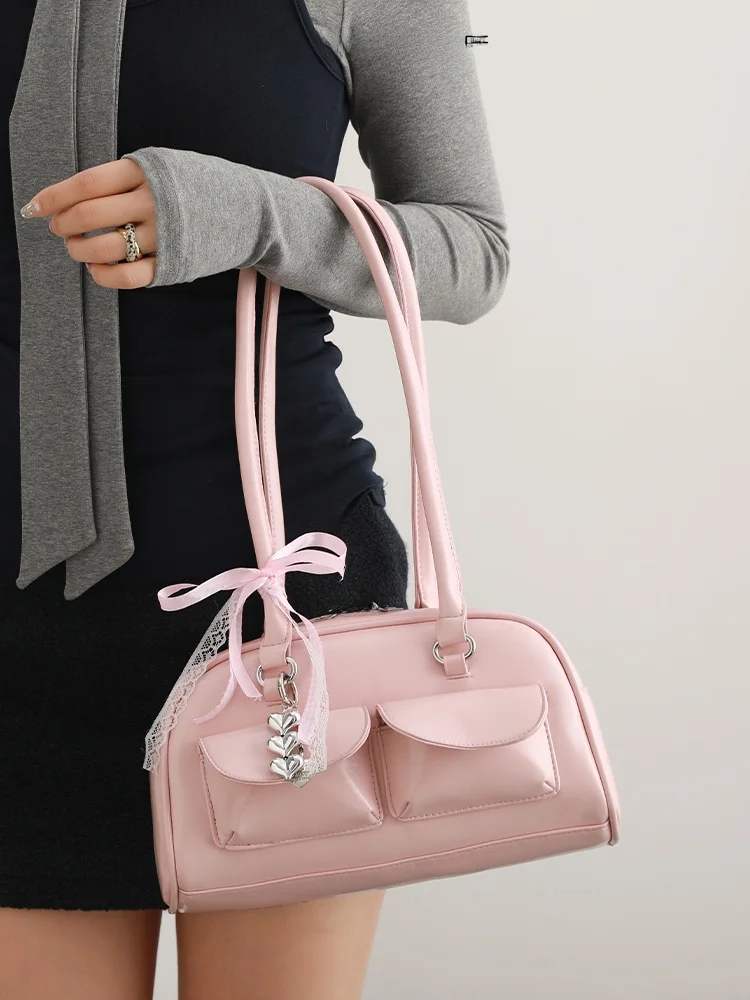 

UR Urban Simple Sle Bowling Bag Women's Underarm Single oulder Commuter Handbag Soft Material Zipper Closure Medium Size