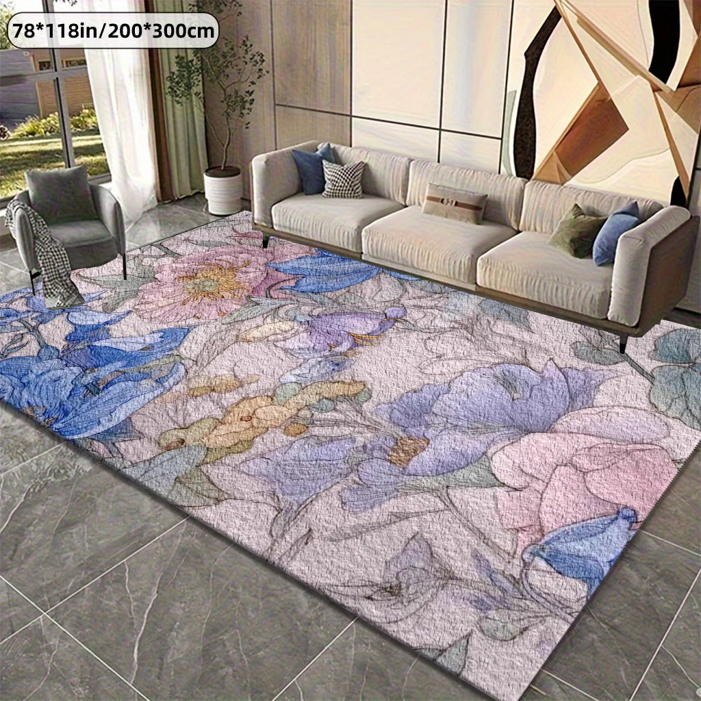 Vintage Watercolor Floral Area Rug Pink Purple Blue Peony Lily Botanical Carpet Soft Floor Mat for Living Room Bedroom Decor