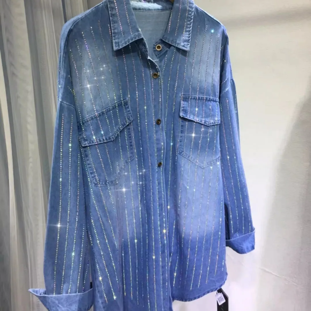 Spring Rhinestone Middle Long Denim Shirt for Women Pocket Jean Tops Casual Loose Long Sleeve Coat Turn-down Collar Loose Blouse