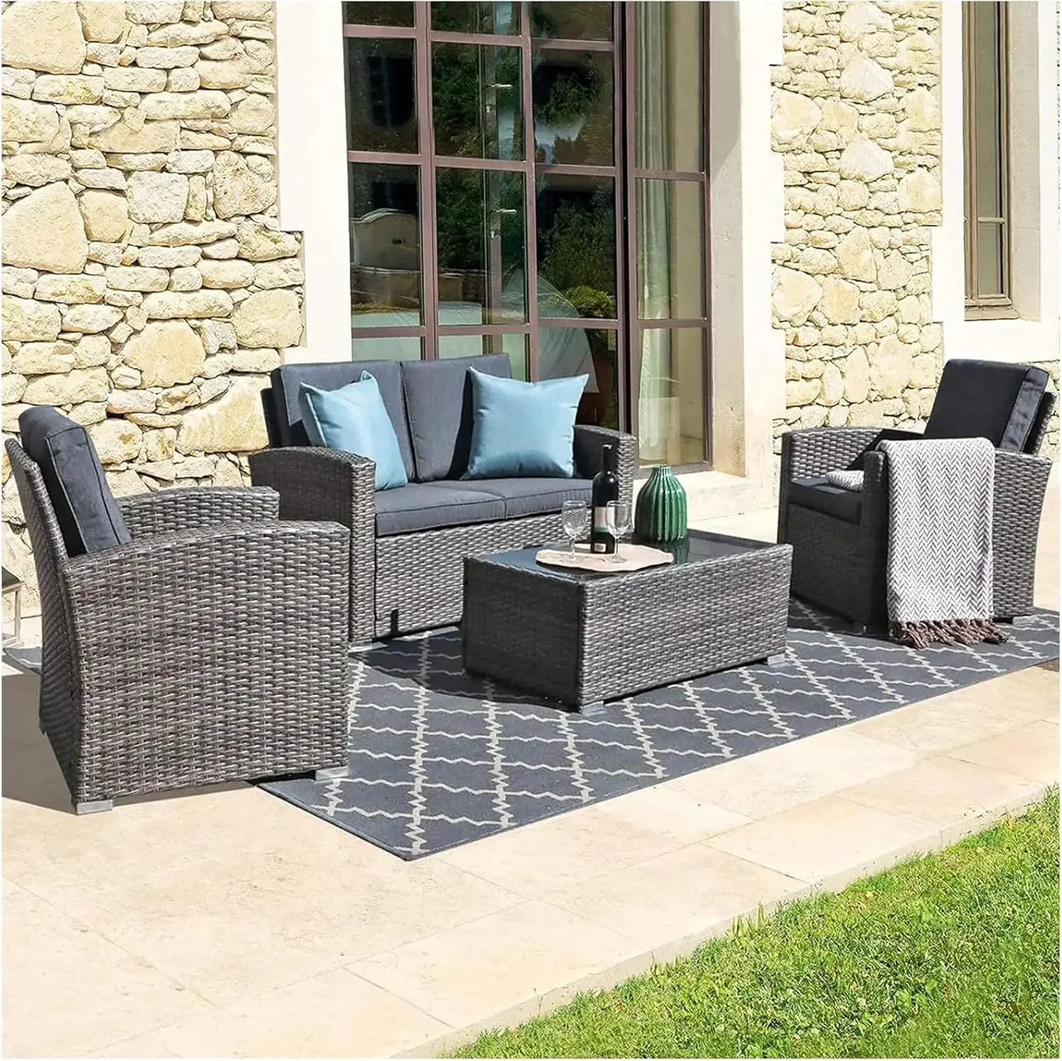 

JOIVI Patio Furniture Set, All-Weather Outdoor U-Shaped Patio Conversation Set, 4 Piece PE Rattan Wicker Small Sectional Patio