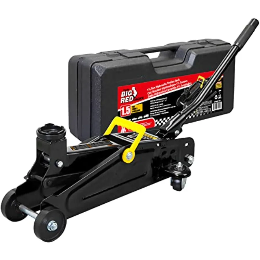 

AT820014SB Hydraulic Trolly Service/Floor Jack with Blow Mold Carrying Storage Case 1.5 Ton 3 000 lb Ccity Black