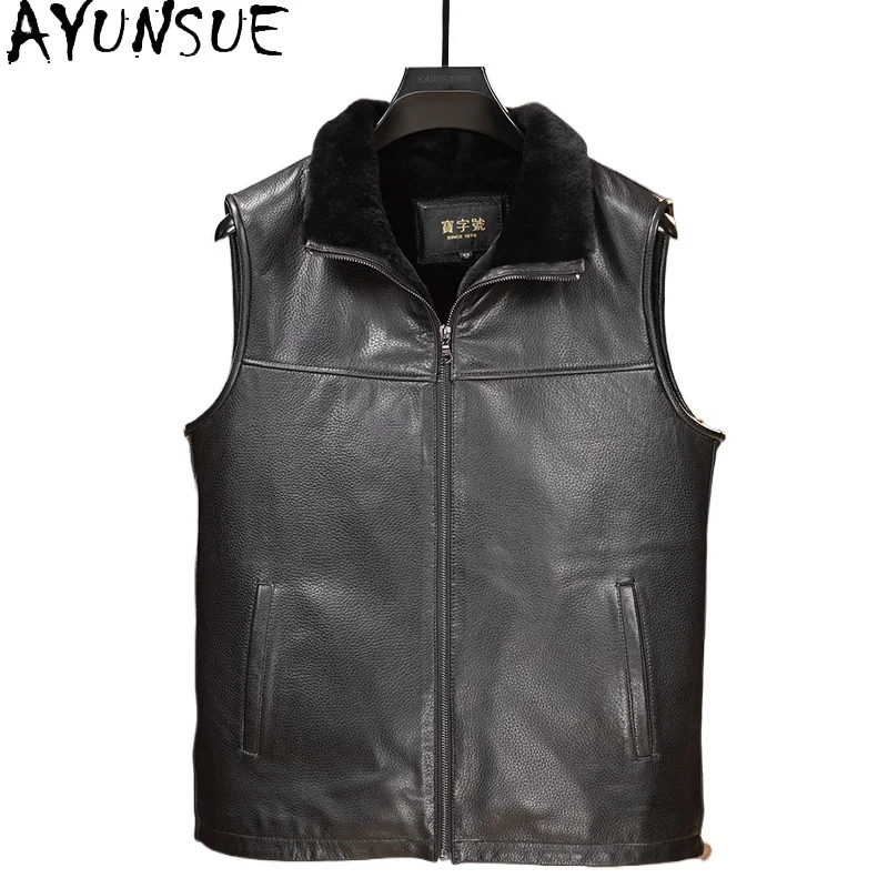 

AYUNSUE пальто из натурального меха, мужские куртки без рукавов из натуральной овчины, черный жилет из натурального меха, повседневный зимний жилет