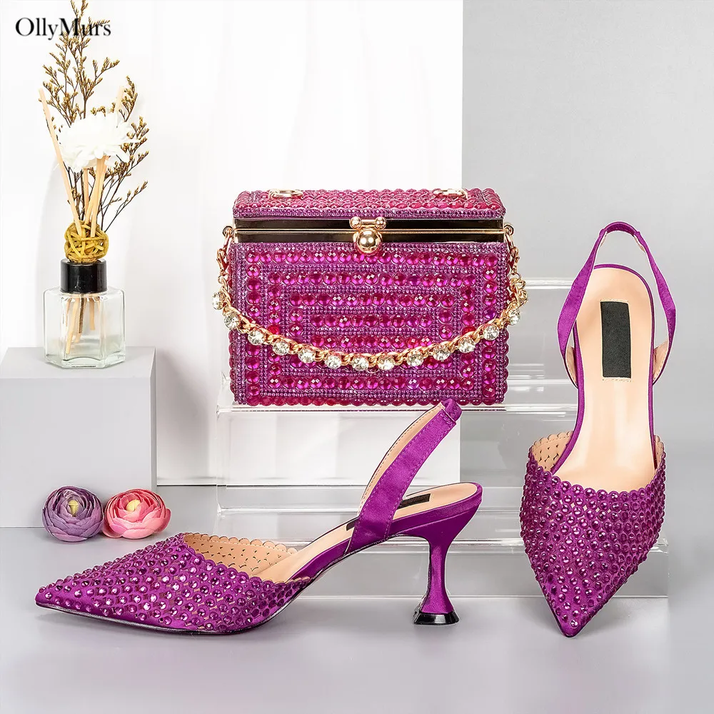 

Hot Sale Summer High Heels Woman Shoes With Bag Set For Party Italian Elegant Crystal Evening Shoes And Bag Set Party Dress