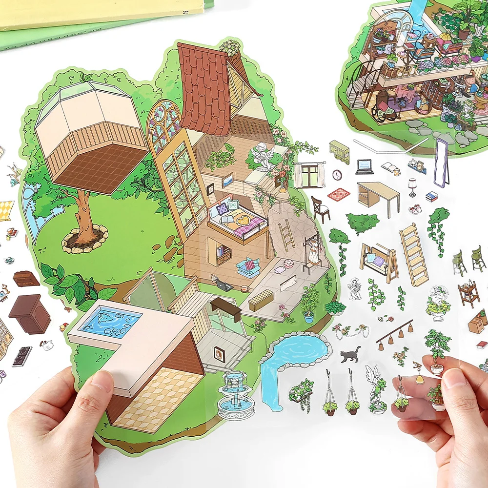 Kawaii Cartoon Miniature Scene Pocket House 2.5D 3D Landscaping Sticker Visual Stacking Stickers Children's Festival Gift