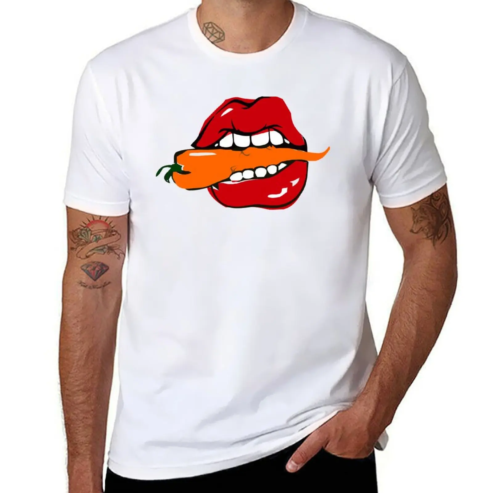 

Red Lips Biting Jalapeno Pepper Lipstick Funny Womens T-Shirt t shirts for man graphic funny t shirt man plain T-Shirt